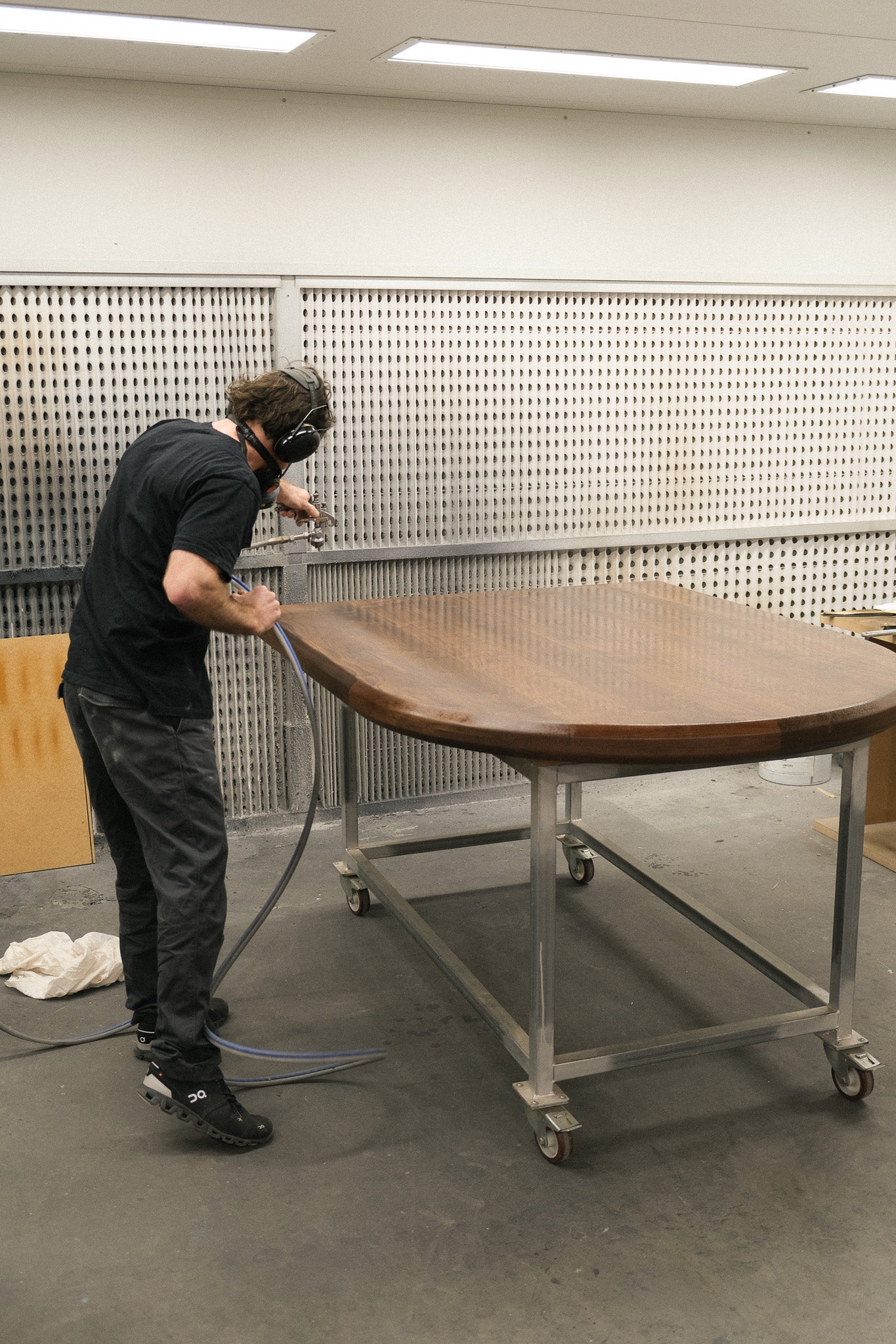 Furniture production. Finishing a table. 